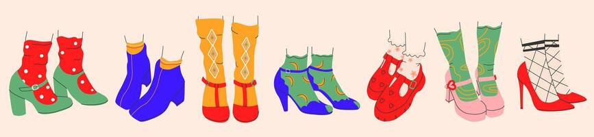 Collection of womens shoes with high heels and without.Fashion shoes with colorful socks design collection.Hand drawn vector illustration. All elements isolated.Vector EPS 10