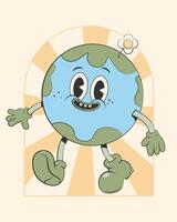 Happy cute Earth planet character.Simple retro cartoon mascot for poster, banner, graphic print.Y2k groovy earth day, Save green planet and ecology concept. Vector illustration EPS 10