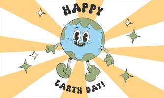 Happy cute Earth planet character.Simple retro cartoon mascot for poster, banner, graphic print.Y2k groovy earth day, Save green planet and ecology concept. Vector illustration EPS 10