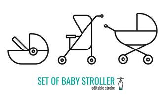 Set of baby stroller line icons. Baby carriage symbol.Pram outline vector icon.Linear style sign for mobile concept and web design. Symbol, logo illustration EPS 10. Editable stroke