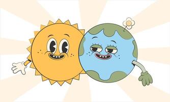 Happy cute Earth and Sun planets characters.Simple retro cartoon mascot for poster, banner, graphic print.Y2k groovy earth day, Save green planet and ecology concept. Vector illustration EPS 10