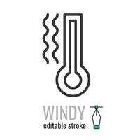 Wind or windy weather line icon. Linear style termometer with cool air symbol. Blowing sign. Editable stroke. Vector graphics illustration EPS 10