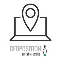 Location line icon. Geoposition, gps symbol. Map marker laptop pictogram. On-line transpotration sign. Vector graphics illustration EPS 10. Editable stroke