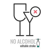 No Alcohol Thin Line Vector Icon. Do not drinking prohibition sign Isolated on the White Background.Vector illustration EPS 10 Editable Stroke