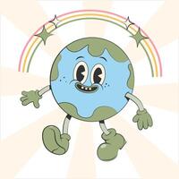 Happy cute Earth planet character.Simple retro cartoon mascot for poster, banner, graphic print.Y2k groovy earth day, Save green planet and ecology concept. Vector illustration EPS 10