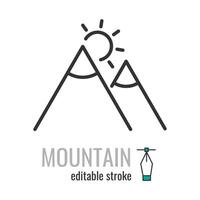 Mountain line icon. Linear style mountain range with sun symbol. Hiking or mounting view sign. Editable stroke. Vector graphics illustration EPS 10