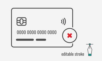 Credit Card not accepted line icon.CASH ONLY sign.no credit card allowed symbol.Red prohibition pictogram.Not approved credit card payment sign. Vector graphics illustration EPS 10. Editable stroke