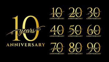 Set of anniversary gold logotype. Golden anniversary celebration emblem design for booklet, leaflet, magazine, brochure poster, web, invitation or greeting card vector