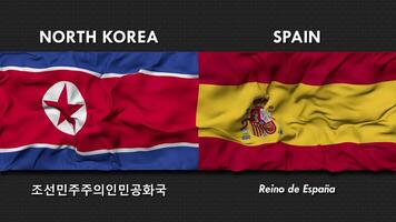 España y norte Corea bandera ondulación juntos sin costura bucle pared fondo, bandera país nombre en Inglés y local nacional idioma, 3d representación video