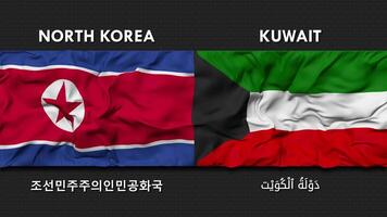 Kuwait y norte Corea bandera ondulación juntos sin costura bucle pared fondo, bandera país nombre en Inglés y local nacional idioma, 3d representación video