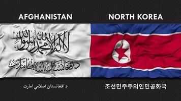 Afganistán y norte Corea bandera ondulación juntos sin costura bucle pared fondo, bandera país nombre en Inglés y local nacional idioma, 3d representación video