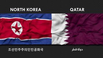 Katar y norte Corea bandera ondulación juntos sin costura bucle pared fondo, bandera país nombre en Inglés y local nacional idioma, 3d representación video