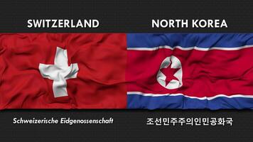 Suiza y norte Corea bandera ondulación juntos sin costura bucle pared fondo, bandera país nombre en Inglés y local nacional idioma, 3d representación video