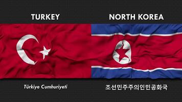 Truthahn und Norden Korea Flagge winken zusammen nahtlos Schleifen Mauer Hintergrund, Flagge Land Name im Englisch und lokal National Sprache, 3d Rendern video