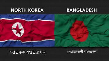 Bangladesh en noorden Korea vlag golvend samen naadloos looping muur achtergrond, vlag land naam in Engels en lokaal nationaal taal, 3d renderen video