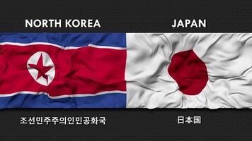 Japón y norte Corea bandera ondulación juntos sin costura bucle pared fondo, bandera país nombre en Inglés y local nacional idioma, 3d representación video