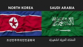 ksa, Reino de saudi arabia y norte Corea bandera ondulación juntos sin costura bucle pared fondo, bandera país nombre en Inglés y local nacional idioma, 3d representación video