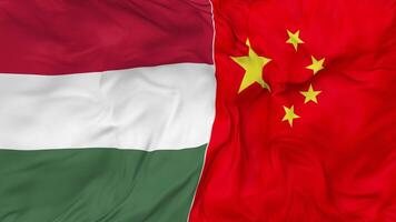 China and Hungary Flags Together Seamless Looping Background, Looped Bump Texture Cloth Waving Slow Motion, 3D Rendering video