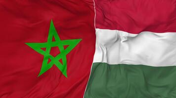 Marruecos y Hungría banderas juntos sin costura bucle fondo, serpenteado bache textura paño ondulación lento movimiento, 3d representación video