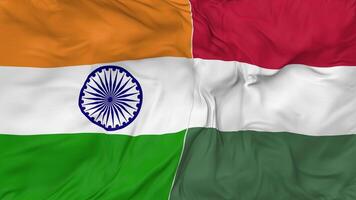 India and Hungary Flags Together Seamless Looping Background, Looped Bump Texture Cloth Waving Slow Motion, 3D Rendering video