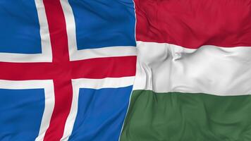 Island und Ungarn Flaggen zusammen nahtlos Schleifen Hintergrund, geloopt stoßen Textur Stoff winken schleppend Bewegung, 3d Rendern video