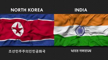 Indien och norr korea flagga vinka tillsammans sömlös looping vägg bakgrund, flagga Land namn i engelsk och lokal- nationell språk, 3d tolkning video