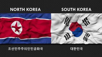 South Korea and North Korea Flag Waving Together Seamless Looping Wall Background, Flag Country Name in English and Local National Language, 3D Rendering video