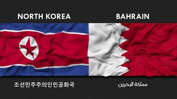 bahrain och norr korea flagga vinka tillsammans sömlös looping vägg bakgrund, flagga Land namn i engelsk och lokal- nationell språk, 3d tolkning video
