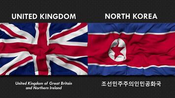 United Kingdom and North Korea Flag Waving Together Seamless Looping Wall Background, Flag Country Name in English and Local National Language, 3D Rendering video