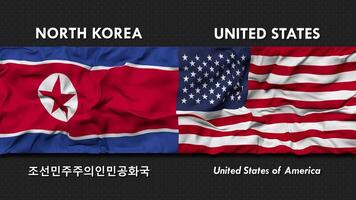 unido estados y norte Corea bandera ondulación juntos sin costura bucle pared fondo, bandera país nombre en Inglés y local nacional idioma, 3d representación video