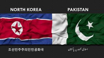 Pakistán y norte Corea bandera ondulación juntos sin costura bucle pared fondo, bandera país nombre en Inglés y local nacional idioma, 3d representación video