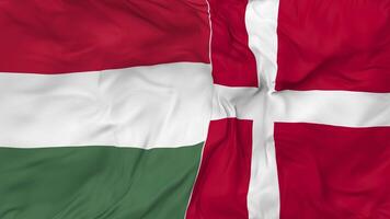 Denmark and Hungary Flags Together Seamless Looping Background, Looped Bump Texture Cloth Waving Slow Motion, 3D Rendering video