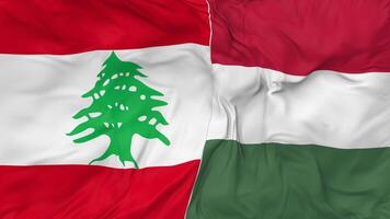 Líbano y Hungría banderas juntos sin costura bucle fondo, serpenteado bache textura paño ondulación lento movimiento, 3d representación video