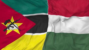 Mozambique and Hungary Flags Together Seamless Looping Background, Looped Bump Texture Cloth Waving Slow Motion, 3D Rendering video