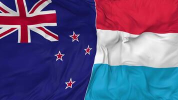 Neu Neuseeland und Luxemburg Flaggen zusammen nahtlos Schleifen Hintergrund, geloopt stoßen Textur Stoff winken schleppend Bewegung, 3d Rendern video