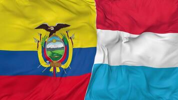 Ecuador y Luxemburgo banderas juntos sin costura bucle fondo, serpenteado bache textura paño ondulación lento movimiento, 3d representación video