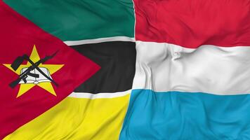 Mozambique y Luxemburgo banderas juntos sin costura bucle fondo, serpenteado bache textura paño ondulación lento movimiento, 3d representación video