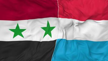 Siria vs lussemburgo bandiere insieme senza soluzione di continuità looping sfondo, loop urto struttura stoffa agitando lento movimento, 3d interpretazione video