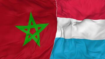 Morocco and Luxembourg Flags Together Seamless Looping Background, Looped Bump Texture Cloth Waving Slow Motion, 3D Rendering video