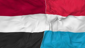 Yemen vs Luxembourg Flags Together Seamless Looping Background, Looped Bump Texture Cloth Waving Slow Motion, 3D Rendering video