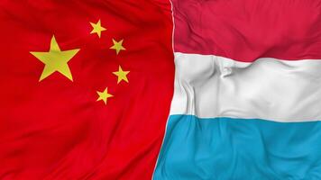 China and Luxembourg Flags Together Seamless Looping Background, Looped Bump Texture Cloth Waving Slow Motion, 3D Rendering video