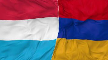 armenia och luxemburg flaggor tillsammans sömlös looping bakgrund, looped stöta textur trasa vinka långsam rörelse, 3d tolkning video