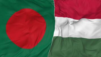 Bangladesh and Hungary Flags Together Seamless Looping Background, Looped Bump Texture Cloth Waving Slow Motion, 3D Rendering video