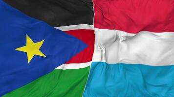 Sud Sudan vs lussemburgo bandiere insieme senza soluzione di continuità looping sfondo, loop urto struttura stoffa agitando lento movimento, 3d interpretazione video
