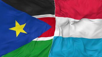 South Sudan vs Luxembourg Flags Together Seamless Looping Background, Looped Bump Texture Cloth Waving Slow Motion, 3D Rendering video