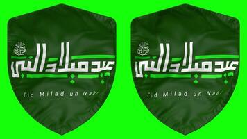 mawlid een nabi as sharif, eid milad un nabi pbuh vlag in schild vorm zwaaien, naadloos lus, groen scherm, luma matte selectie, 3d renderen video