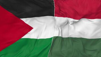 Palestina y Hungría banderas juntos sin costura bucle fondo, serpenteado bache textura paño ondulación lento movimiento, 3d representación video