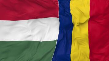 romênia e Hungria bandeiras juntos desatado looping fundo, em loop colisão textura pano acenando lento movimento, 3d Renderização video