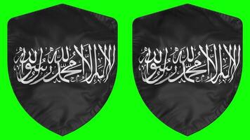 chahadah islamique drapeau dans bouclier forme agitant, sans couture en boucle, vert filtrer, luma mat sélection, 3d le rendu video