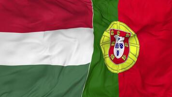 Portugal y Hungría banderas juntos sin costura bucle fondo, serpenteado bache textura paño ondulación lento movimiento, 3d representación video